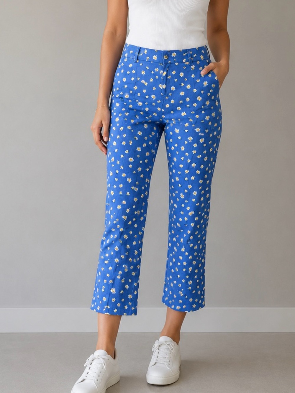 ZARA Blue Floral Slim Flare Cotton Pants NWOT